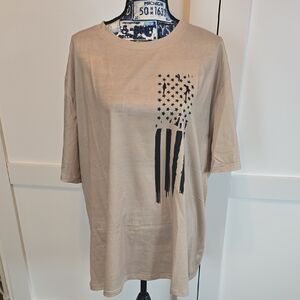 Beige T-Shirt with Black Star and Stripe Design